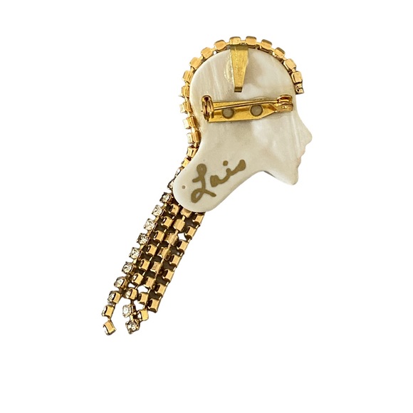 Vintage Brooch Beautiful Art Deco Flapper signed Lois Porcelain Crystals 3” - Picture 10 of 10